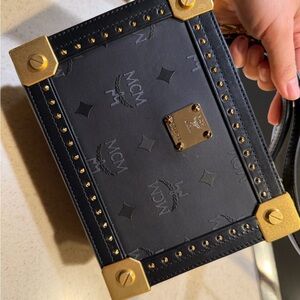 MCM Black Logo Trunk Crossbody with Gold Hardware